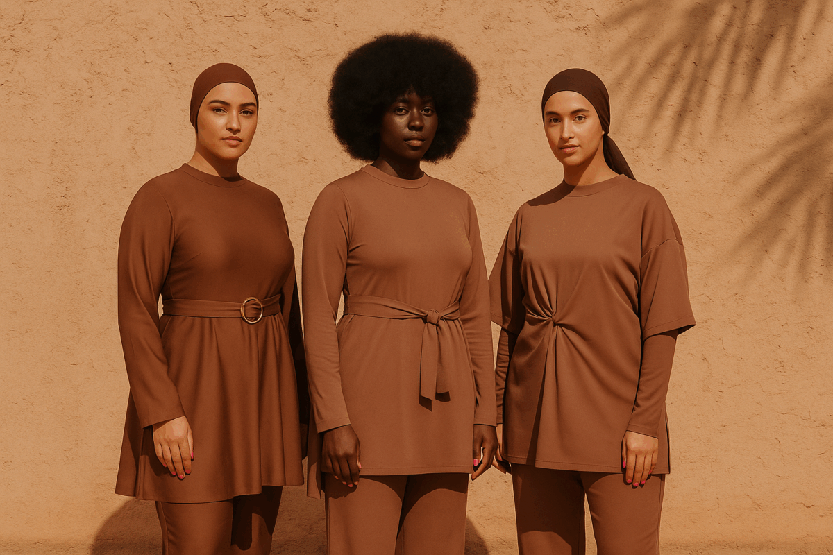 Shooting mode de trois femmes portant des burkinis élégants couleur camel — collection été 2025 Ynes. Look moderne et épuré, burkinis modestes pour femme, chic et tendance, inspirés des teintes du désert. Décor naturel aux pampas, ambiance orientale raffinée.