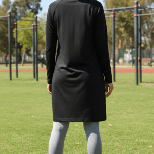 Vue dos d’une femme portant une tunique de sport longue noir, associée à un legging gris clair, en extérieur lors d’une séance de sport.