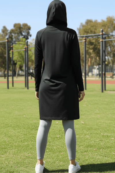 Vue dos d’une femme portant une tunique de sport longue noir, associée à un legging gris clair, en extérieur lors d’une séance de sport.