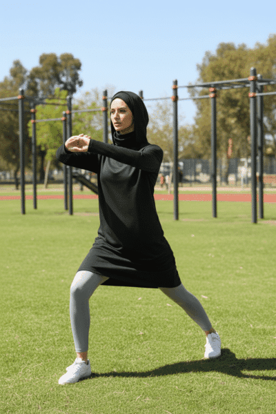 Guide des tailles d’une tunique de sport longue pour femme en mode modeste, vêtement pudique avec col, du S au XL.