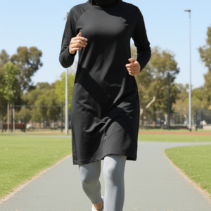 Femme portant une tunique de sport longue noire avec col, associée à un legging gris clair, en train de courir en extérieur.