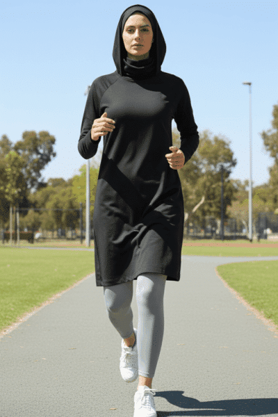 Femme portant une tunique de sport longue noire avec col, associée à un legging gris clair, en train de courir en extérieur.