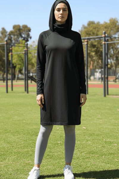 Femme portant une tunique de sport longue noire avec col, associée à un legging gris clair, réalisant un exercice de renforcement en extérieur.