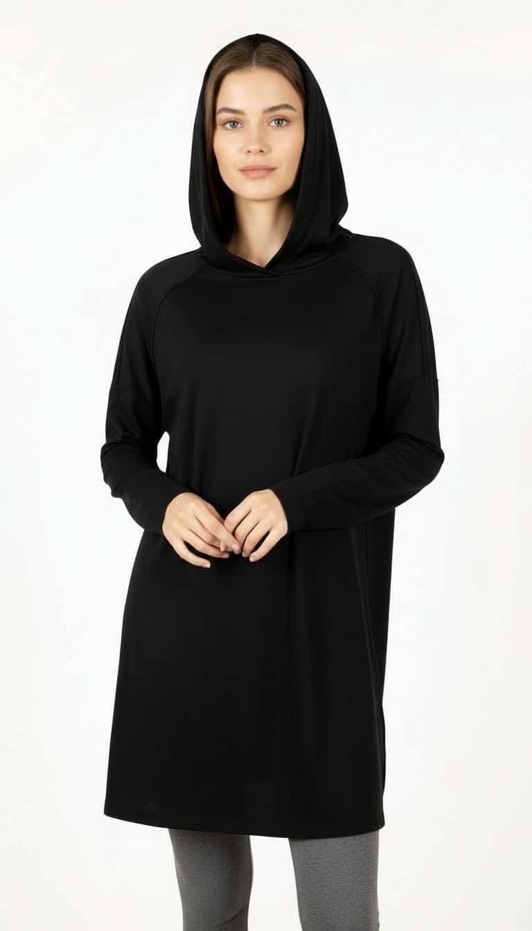 Tunique modeste noire HAYA, coupe longue et couvrante, portée avec un legging, idéale pour la mode modeste féminine.